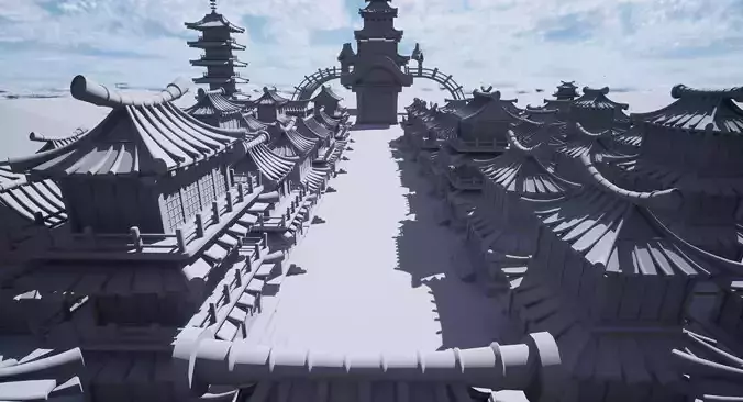 Modular Japanese medieval town Low-poly 3D model