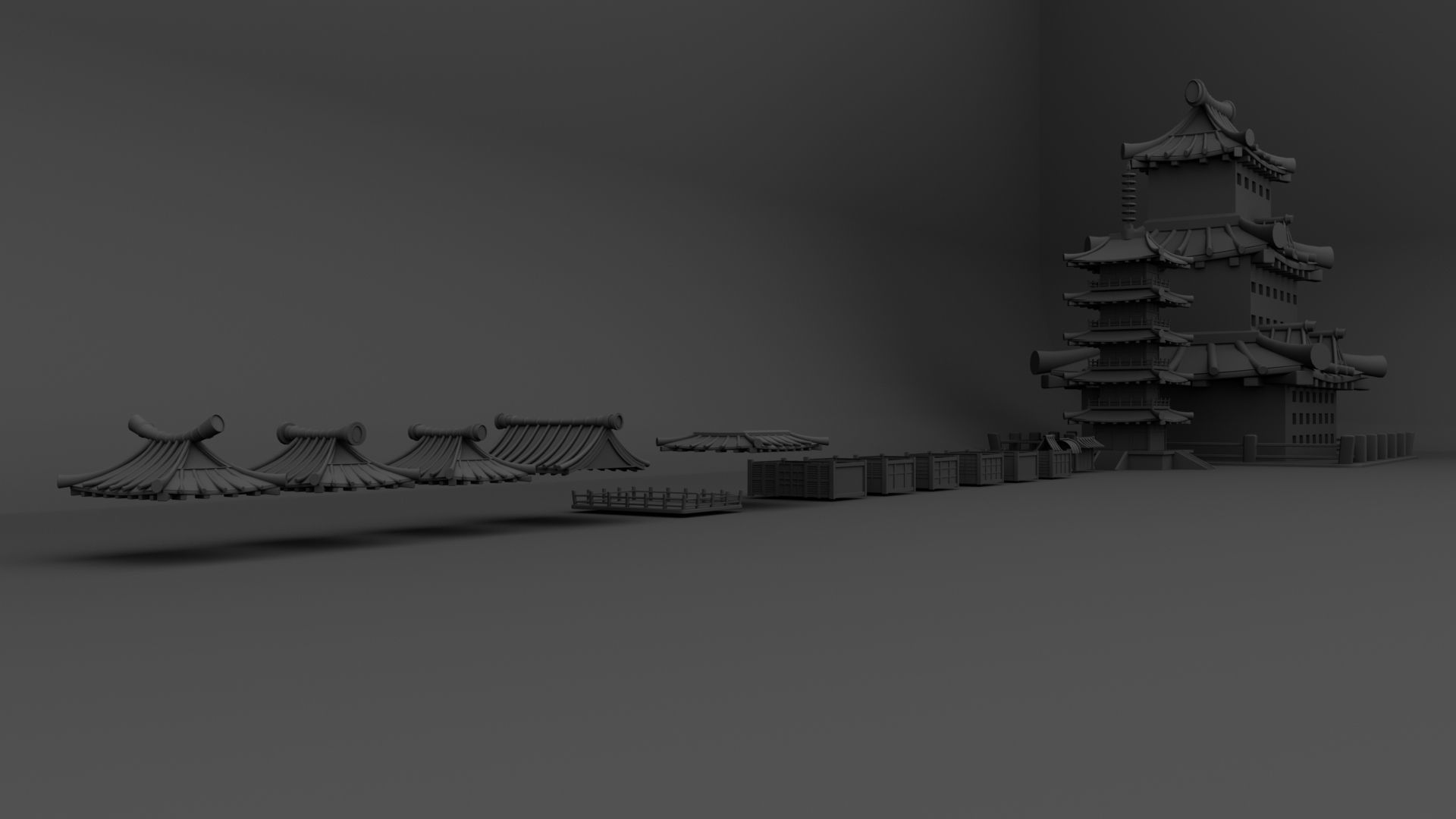 Modular Japanese medieval town Low-poly 3D model_1