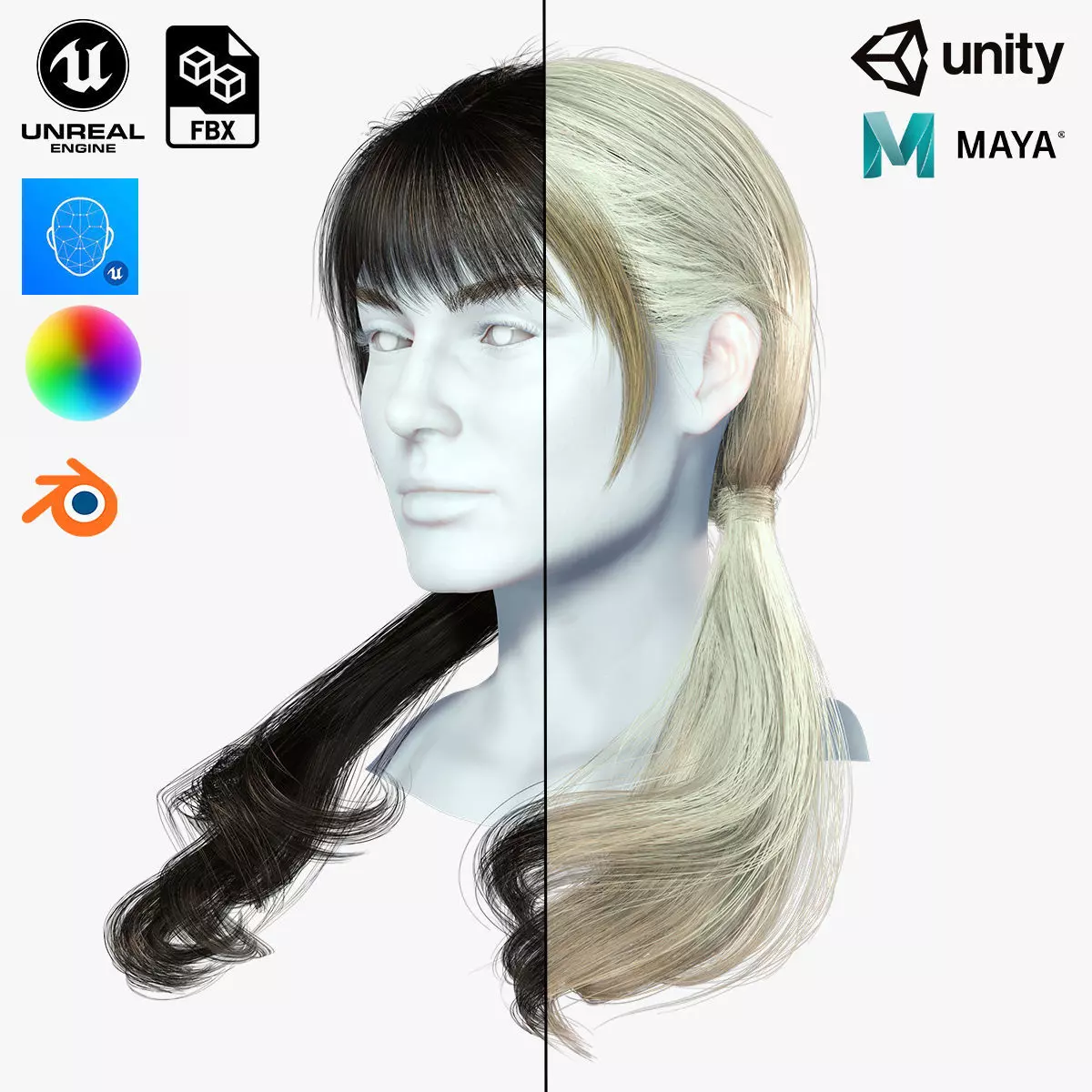 Realistic Female hair 6 colorable Card Low-poly 3D model_0