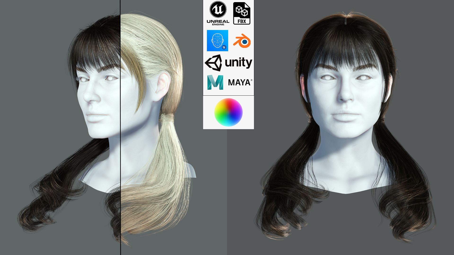 Realistic Female hair 6 colorable Card Low-poly 3D model_1