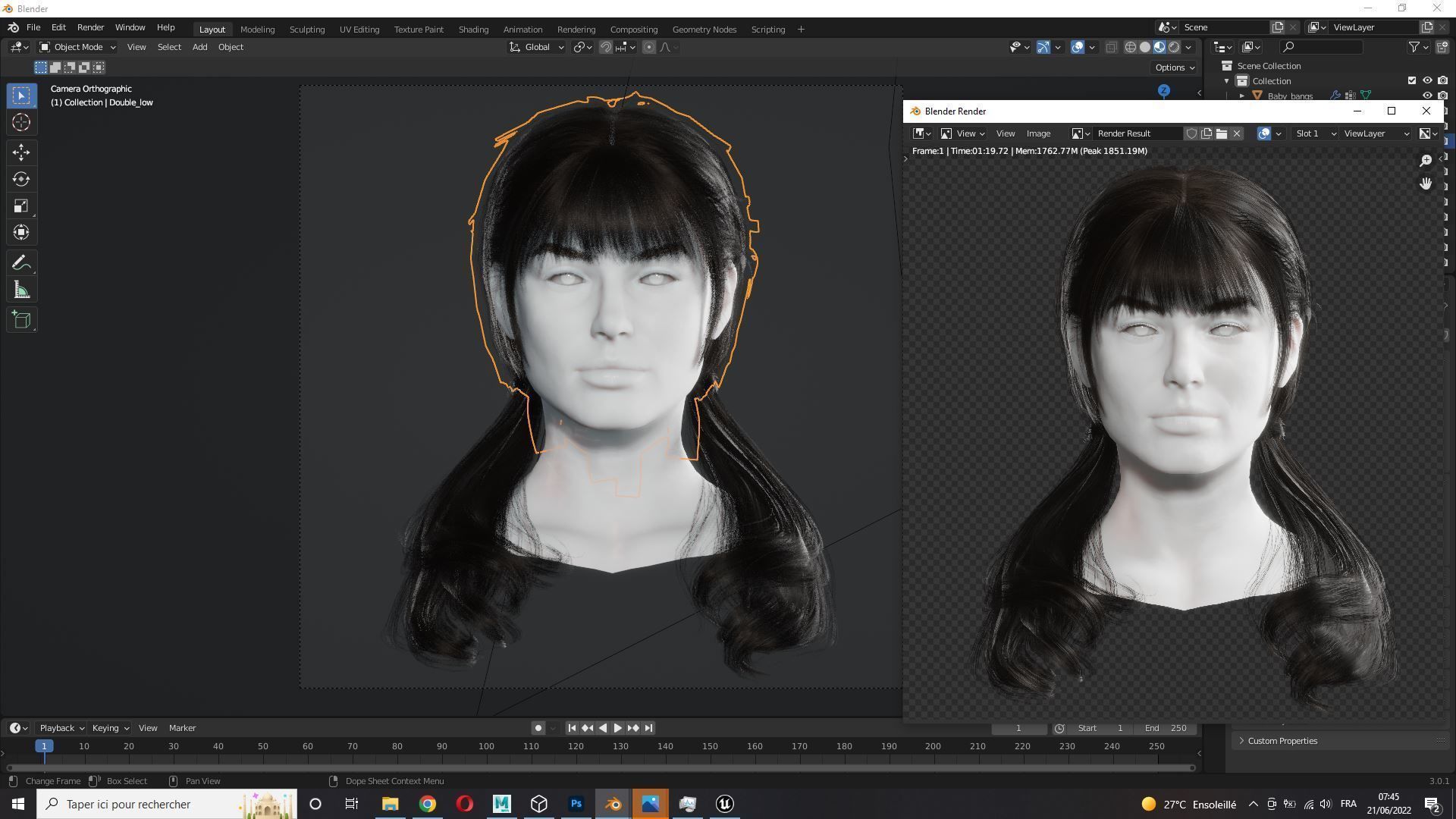 Realistic Female hair 6 colorable Card Low-poly 3D model_12