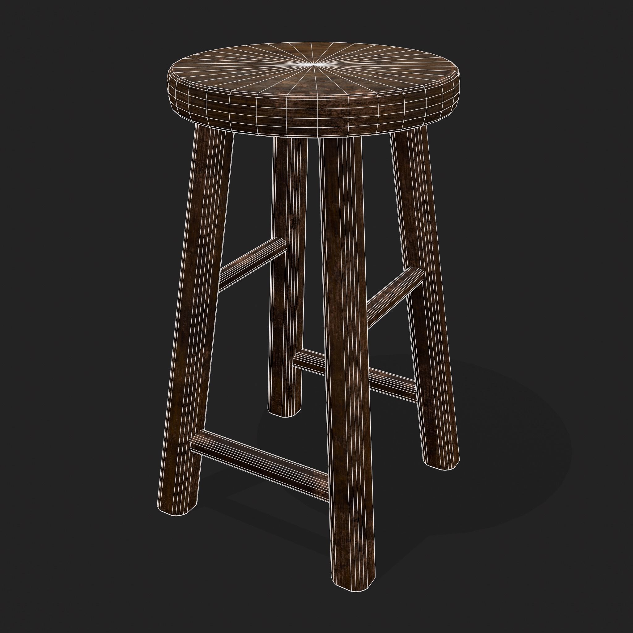 Rustic Wooden Bar Stool Low-poly 3D model_2