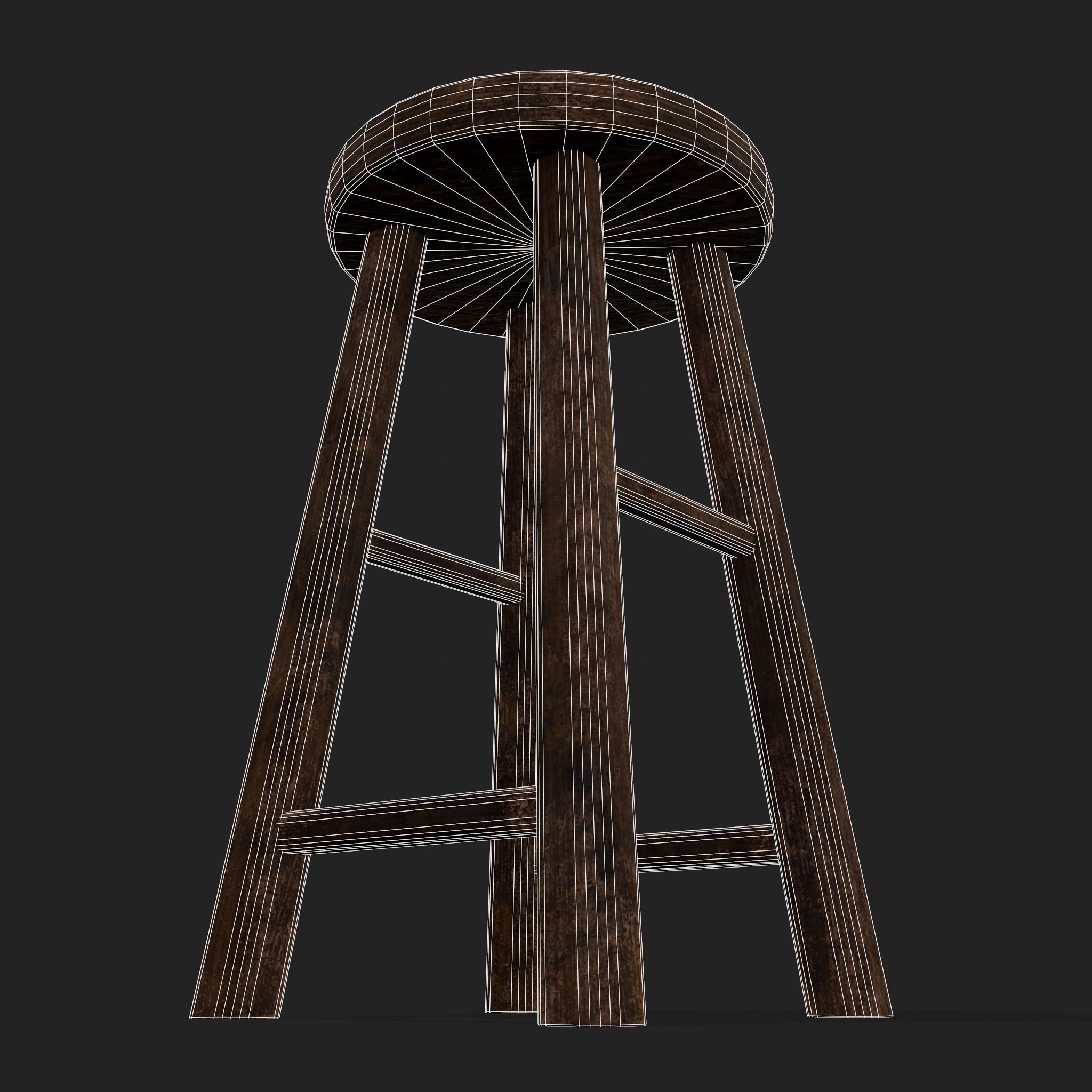 Rustic Wooden Bar Stool Low-poly 3D model_8