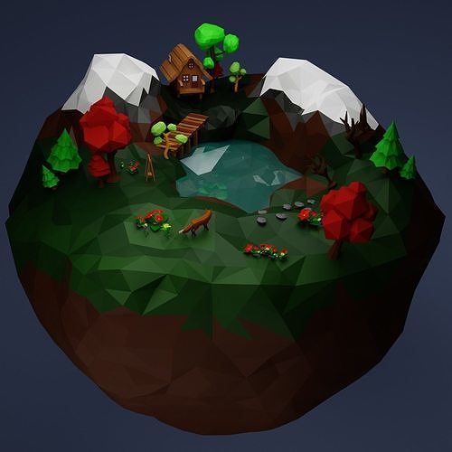 Low Poly Island with trees and lake 3D print model