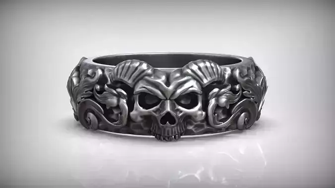 Classic Baroque Carved Hammered Skull Horn Ring