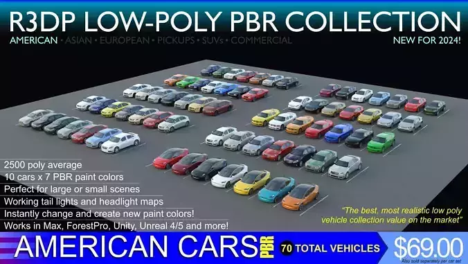 R3DP AMERICAN CARS LOW-POLY PBR COLLECTION - 70 Total Vehicles Low-poly 3D model