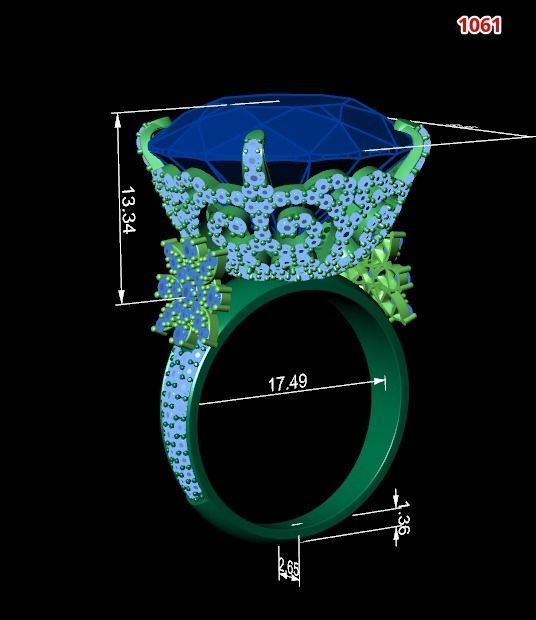 Gold ring with big central stone and small diamonds 3D print model_2