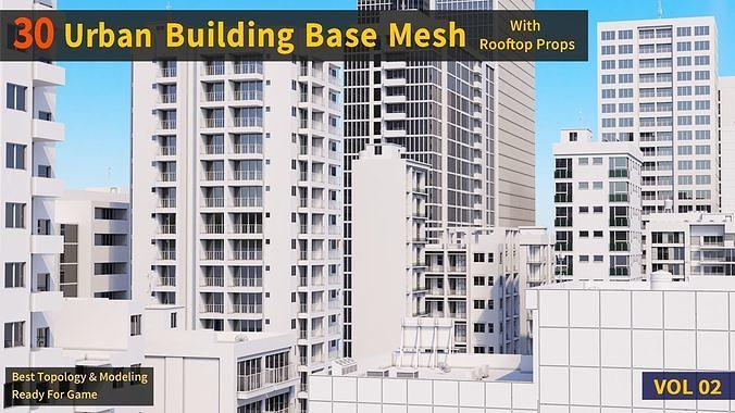 30 Urban Building Base Mesh - with Rooftop - Real Scale and size Low-poly 3D model 5