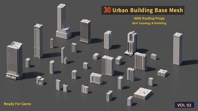 30 Urban Building Base Mesh - with Rooftop - Real Scale and size Low-poly 3D model 7