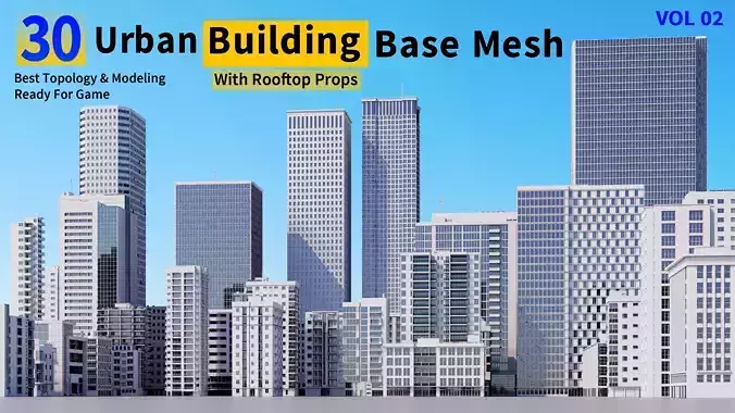30 Urban Building Base Mesh - with Rooftop - Real Scale and size