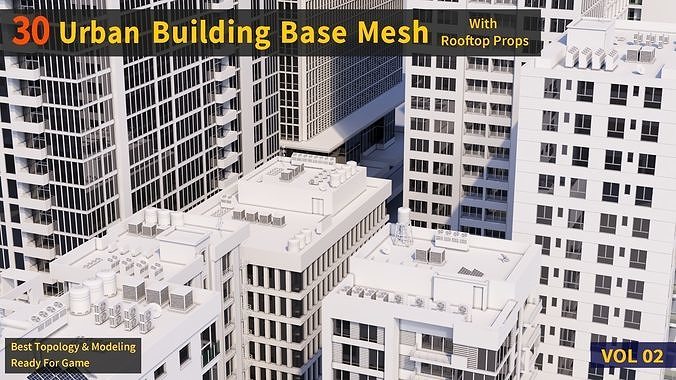 30 Urban Building Base Mesh - with Rooftop - Real Scale and size Low-poly 3D model 2