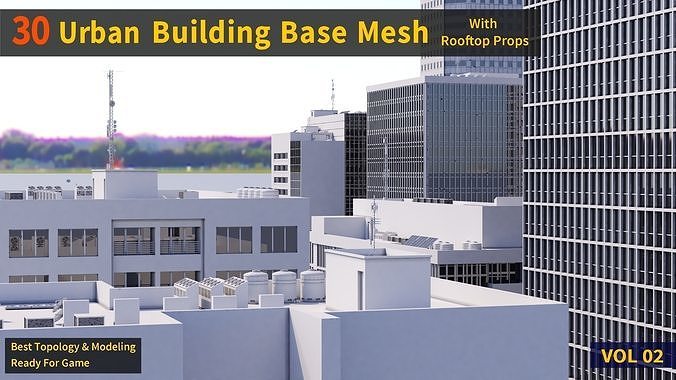30 Urban Building Base Mesh - with Rooftop - Real Scale and size Low-poly 3D model 6
