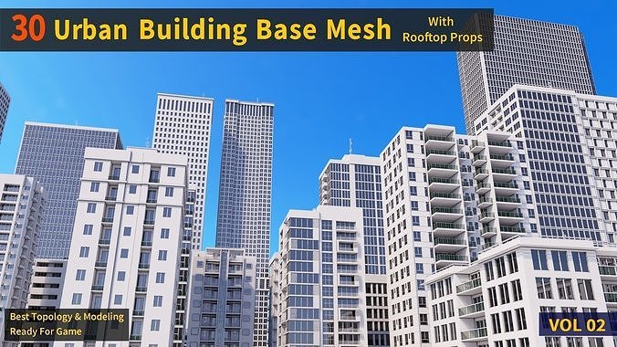 30 Urban Building Base Mesh - with Rooftop - Real Scale and size Low-poly 3D model 4