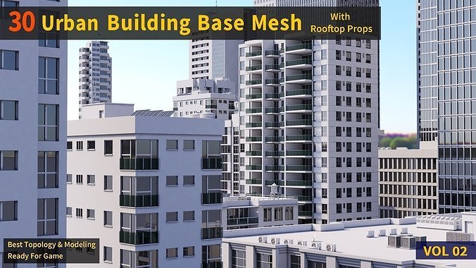 30 Urban Building Base Mesh - with Rooftop - Real Scale and size Low-poly 3D model 3