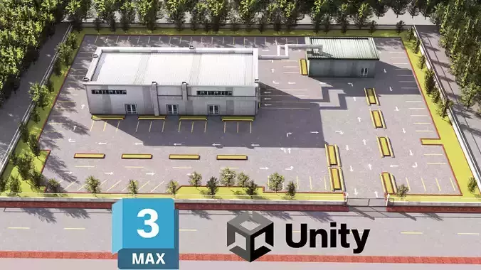 Logistics Warehouse Storage Building Units and Car Park  Low-poly 3D model