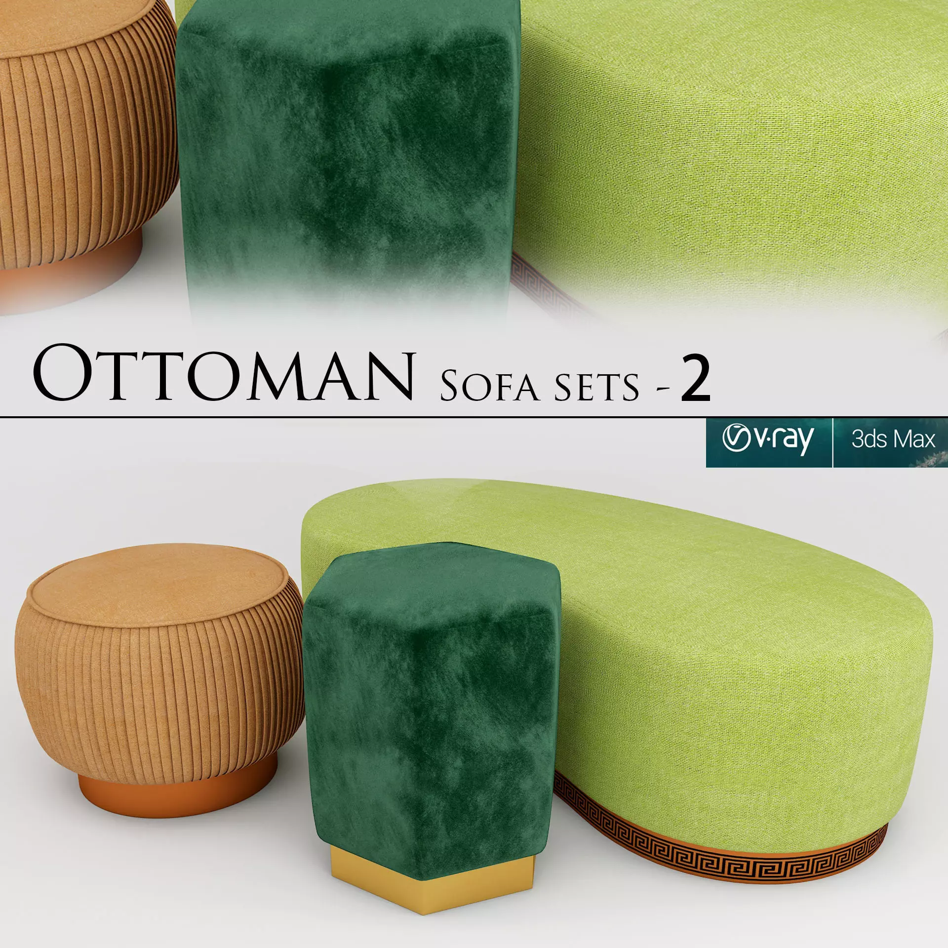 Ottoman set 2 stools and ottomans Low-poly 3D model_0