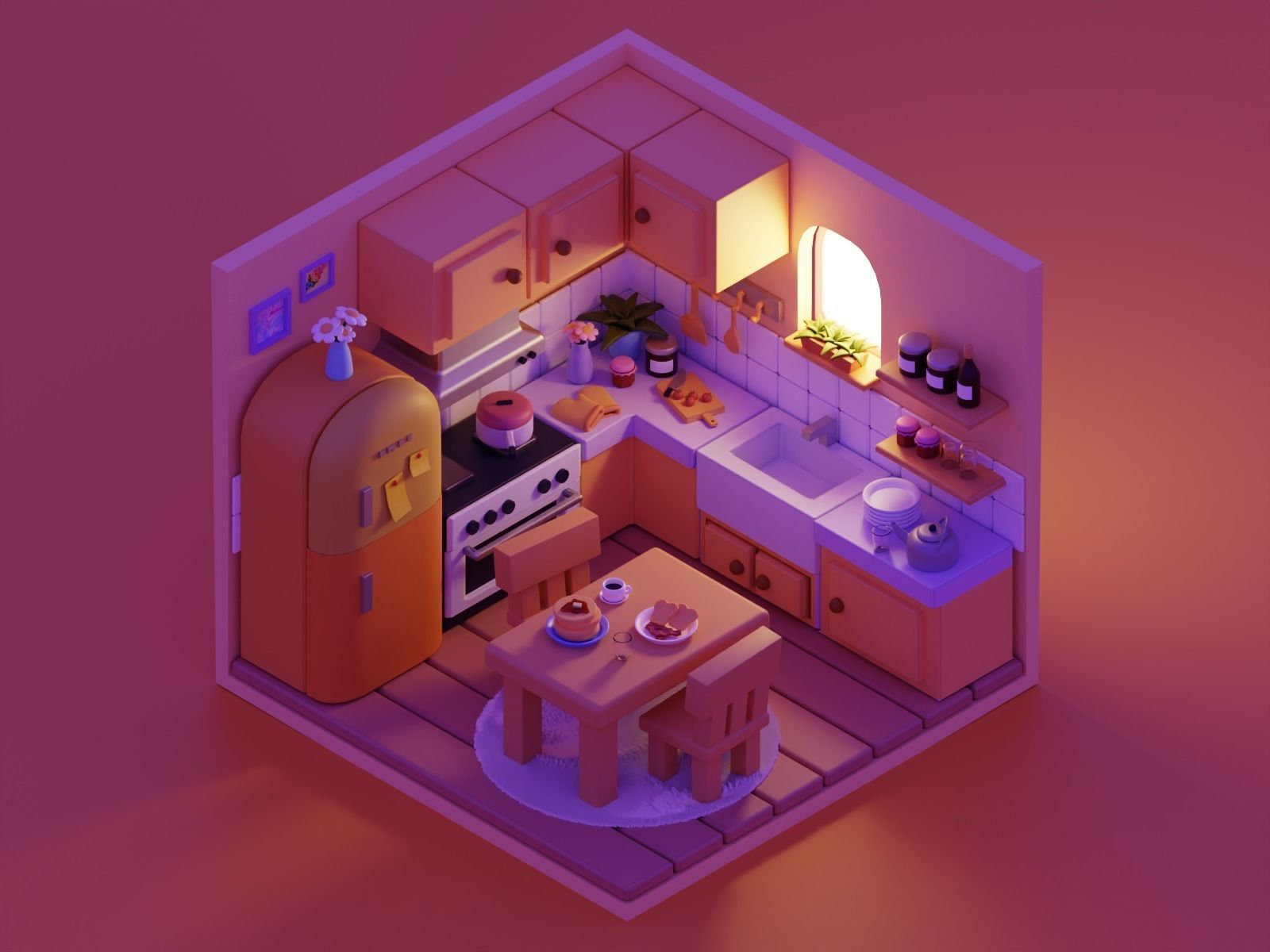 Interior Kitchen Room with Furniture and Kitchen Item Pack Low-poly 3D model_1