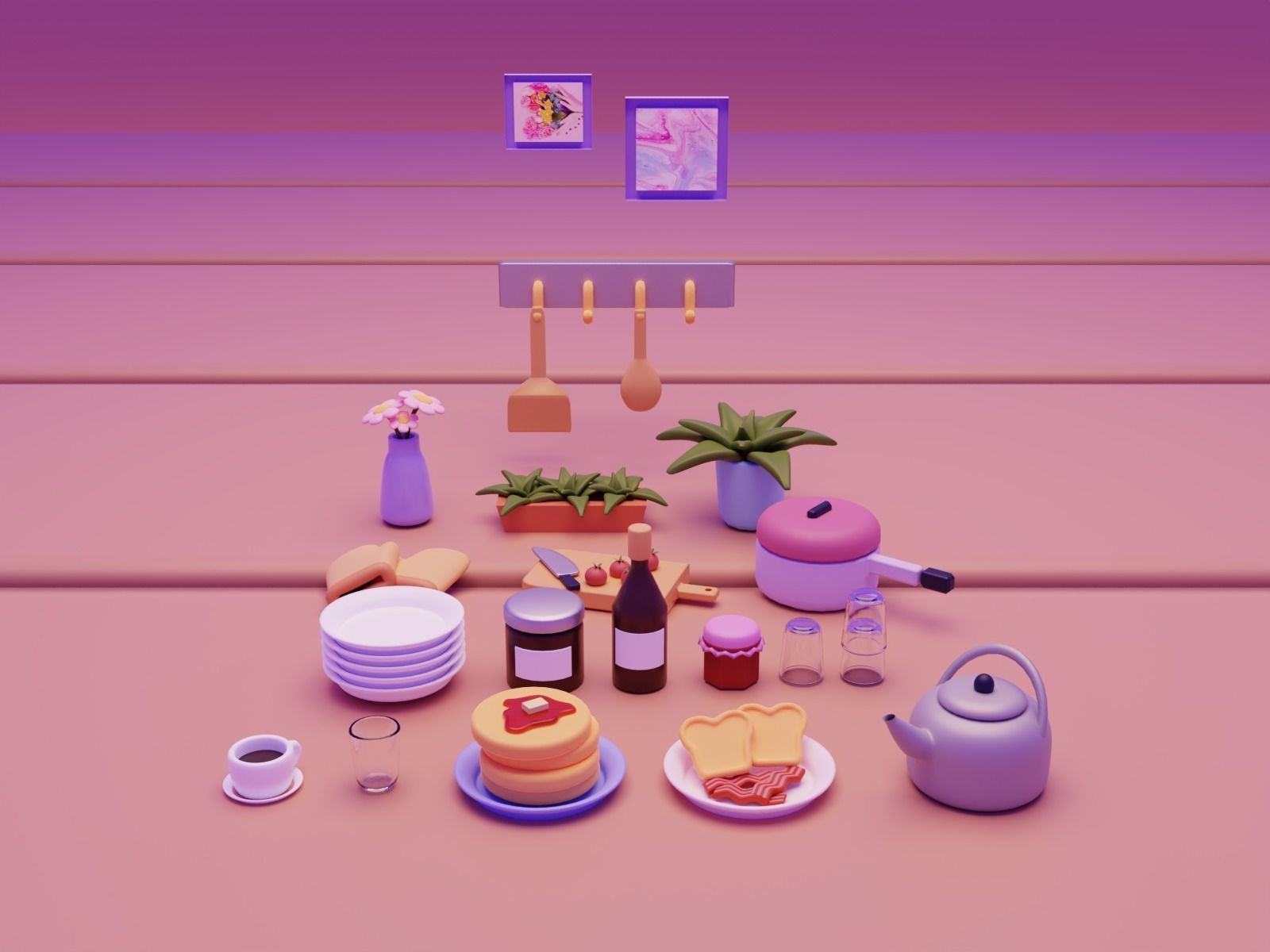 Interior Kitchen Room with Furniture and Kitchen Item Pack Low-poly 3D model_10