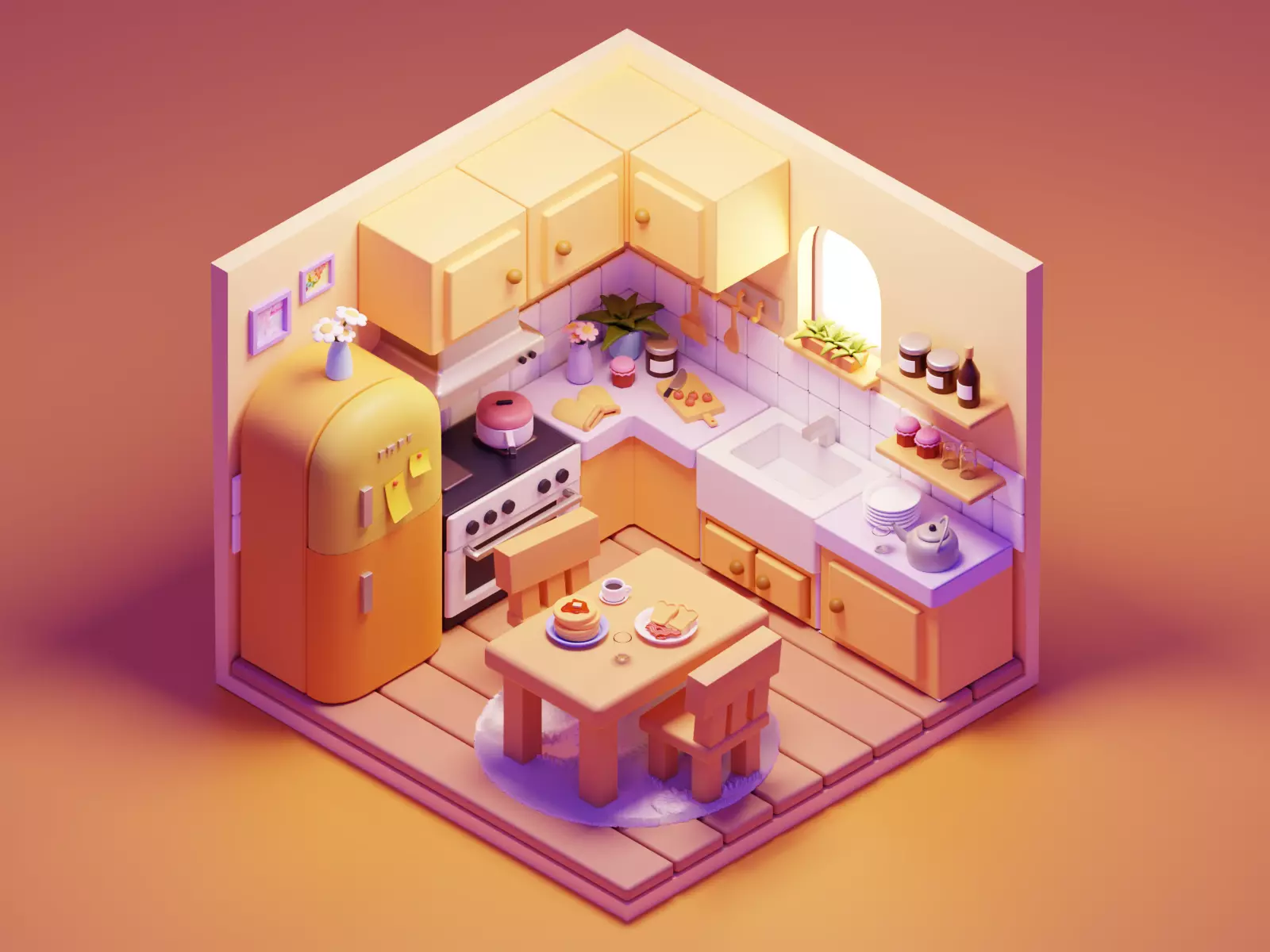 Interior Kitchen Room with Furniture and Kitchen Item Pack Low-poly 3D model_0
