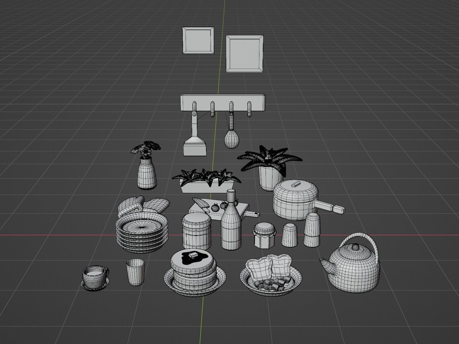 Interior Kitchen Room with Furniture and Kitchen Item Pack Low-poly 3D model_11