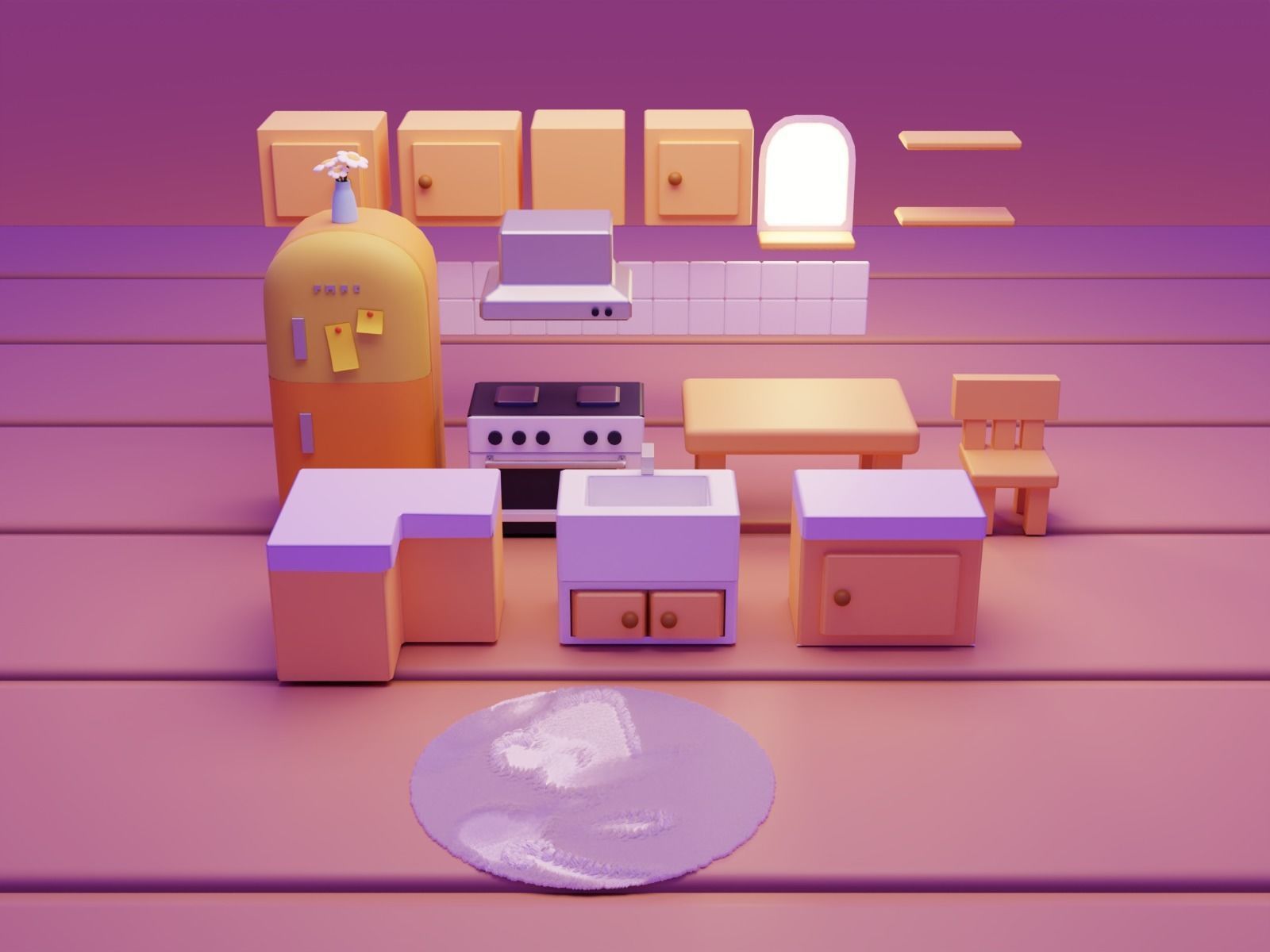 Interior Kitchen Room with Furniture and Kitchen Item Pack Low-poly 3D model_6