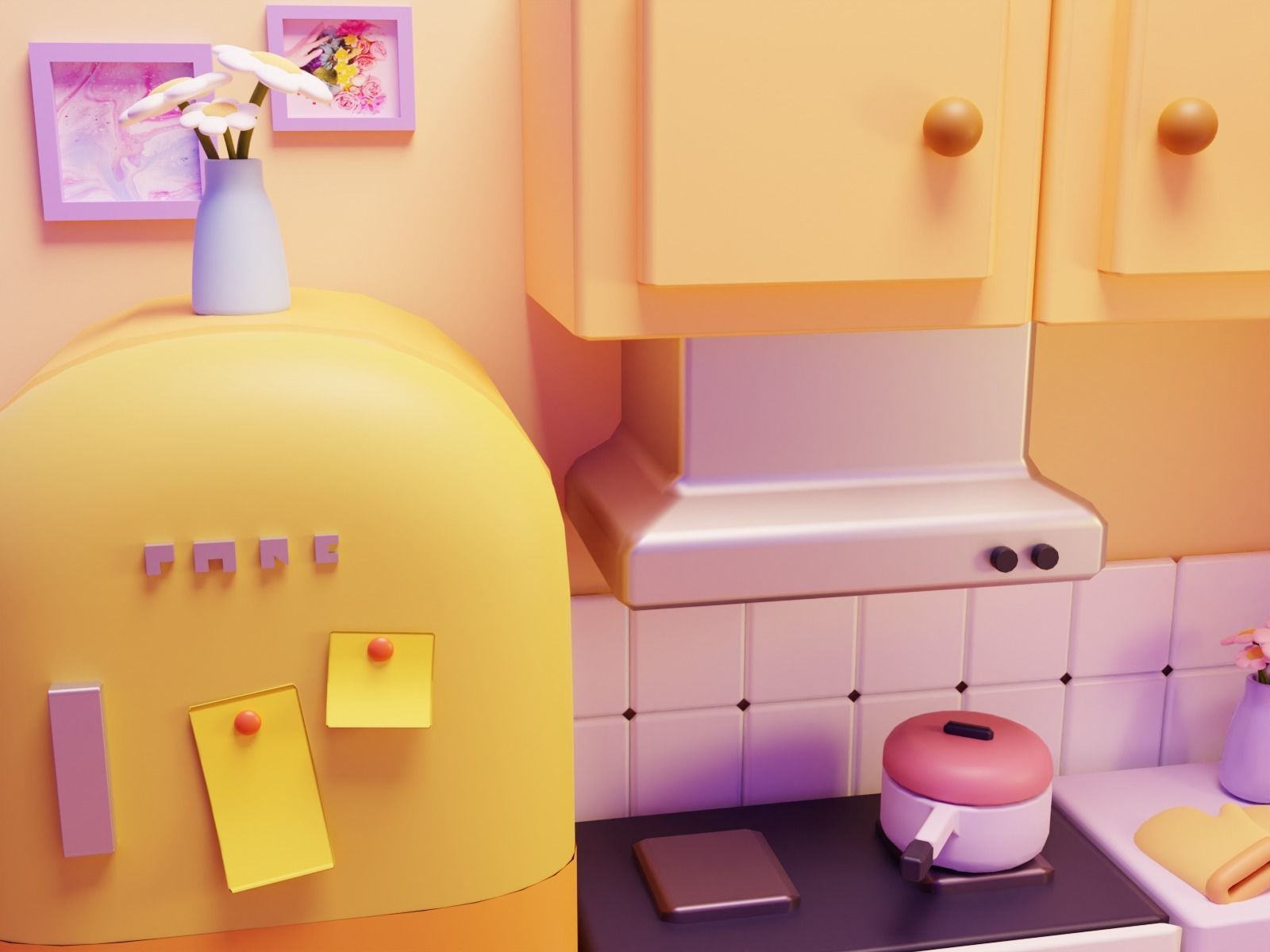 Interior Kitchen Room with Furniture and Kitchen Item Pack Low-poly 3D model_5