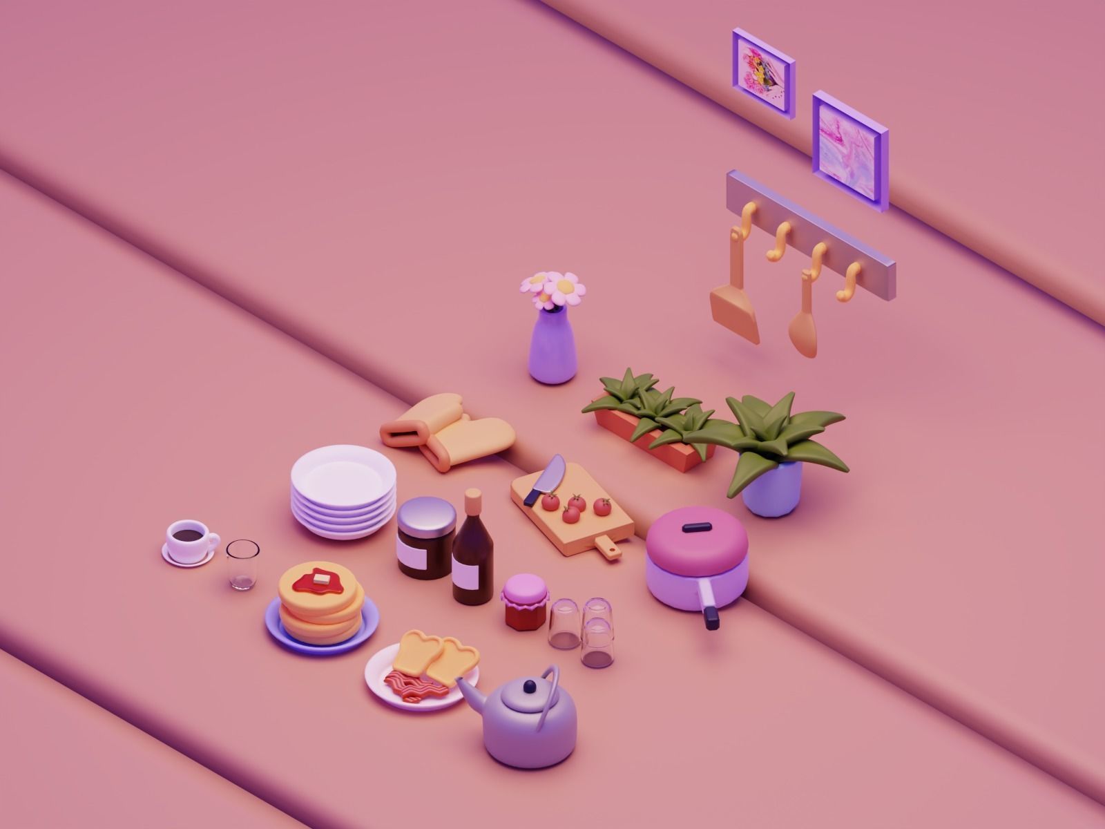 Interior Kitchen Room with Furniture and Kitchen Item Pack Low-poly 3D model_12