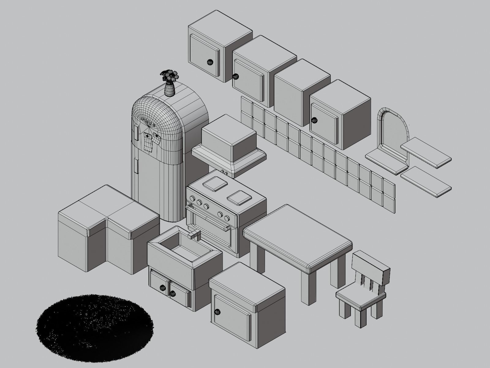 Interior Kitchen Room with Furniture and Kitchen Item Pack Low-poly 3D model_9