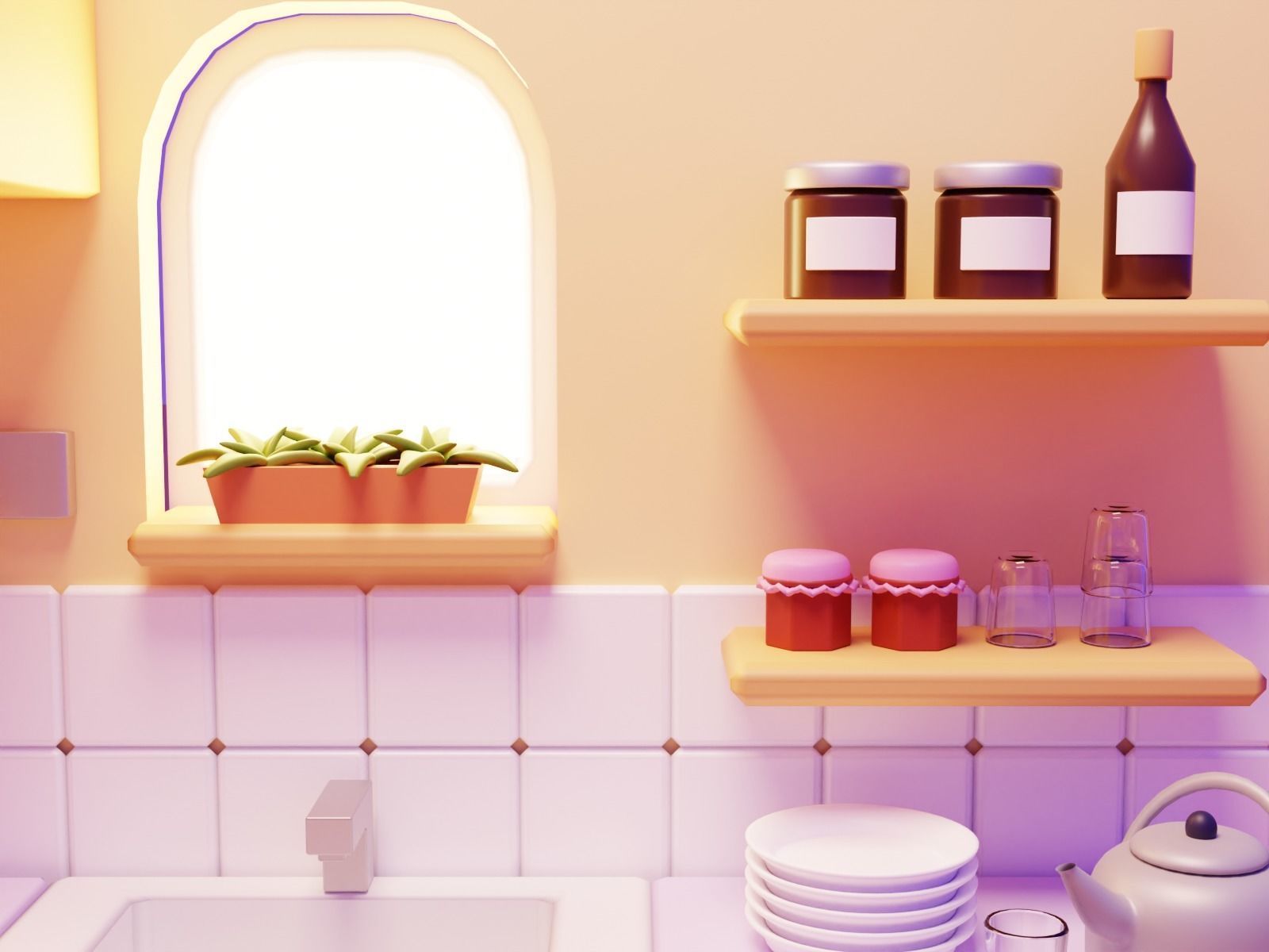 Interior Kitchen Room with Furniture and Kitchen Item Pack Low-poly 3D model_2
