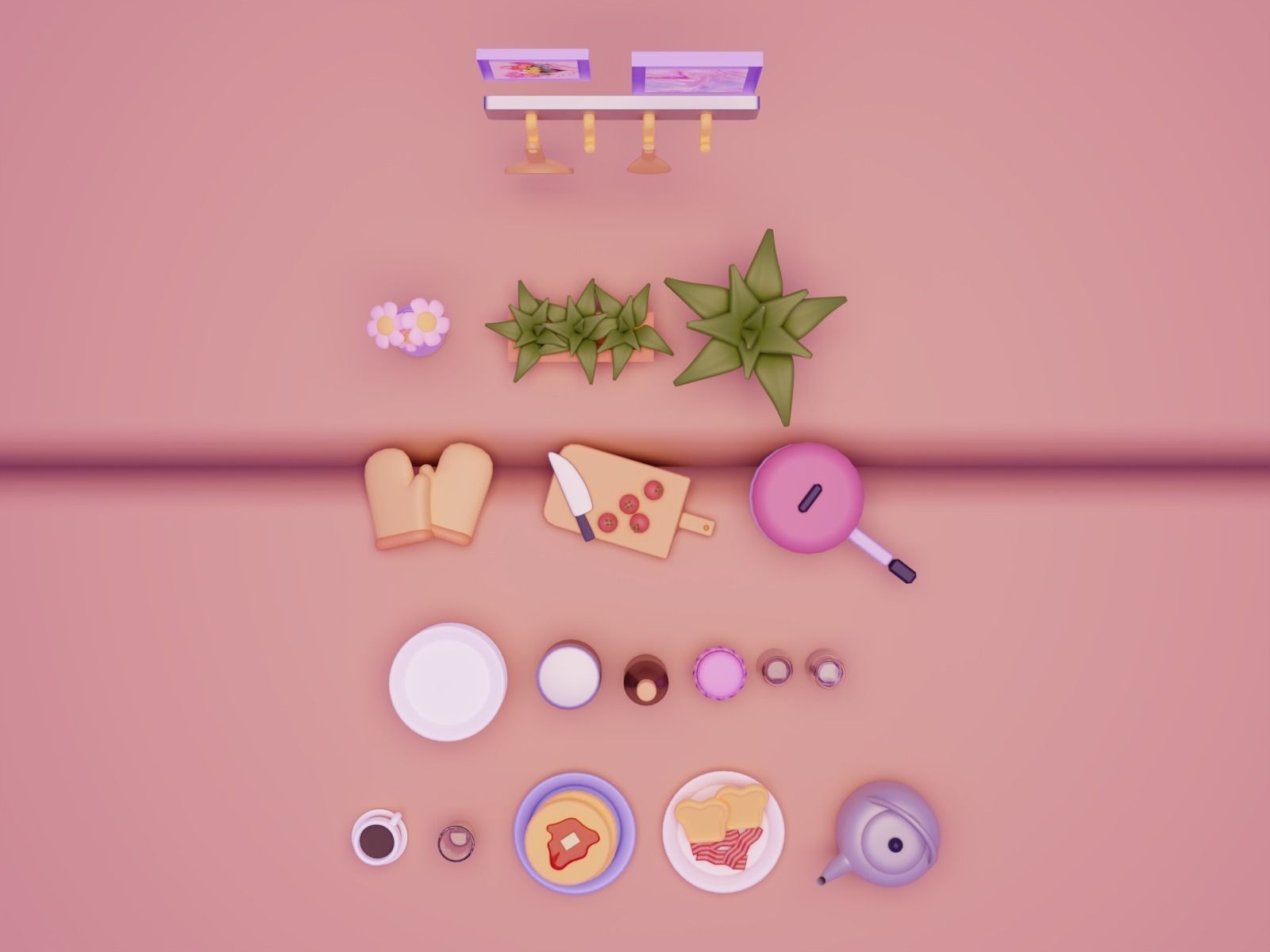 Interior Kitchen Room with Furniture and Kitchen Item Pack Low-poly 3D model_14