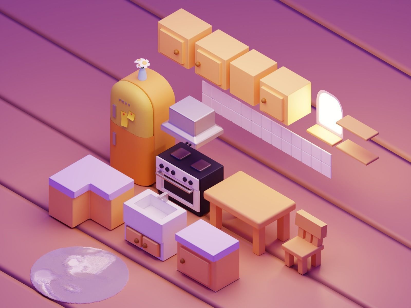 Interior Kitchen Room with Furniture and Kitchen Item Pack Low-poly 3D model_8