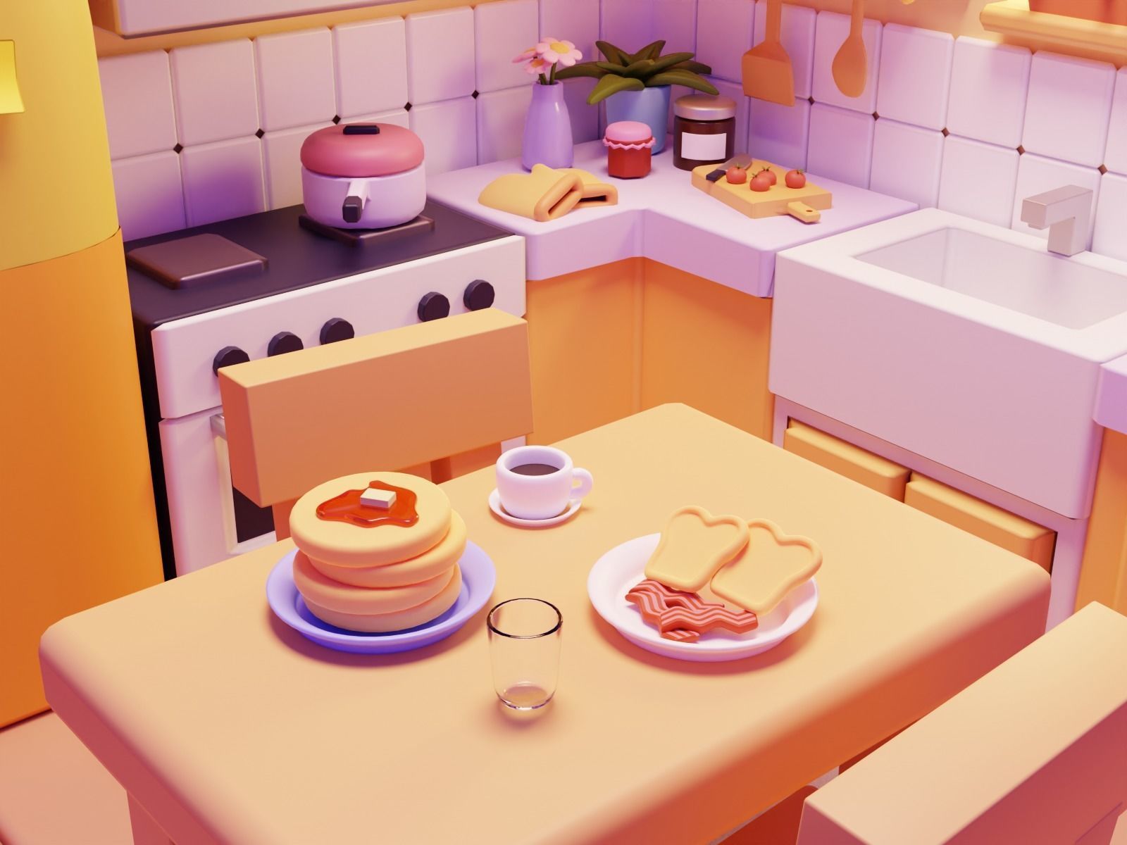 Interior Kitchen Room with Furniture and Kitchen Item Pack Low-poly 3D model_3