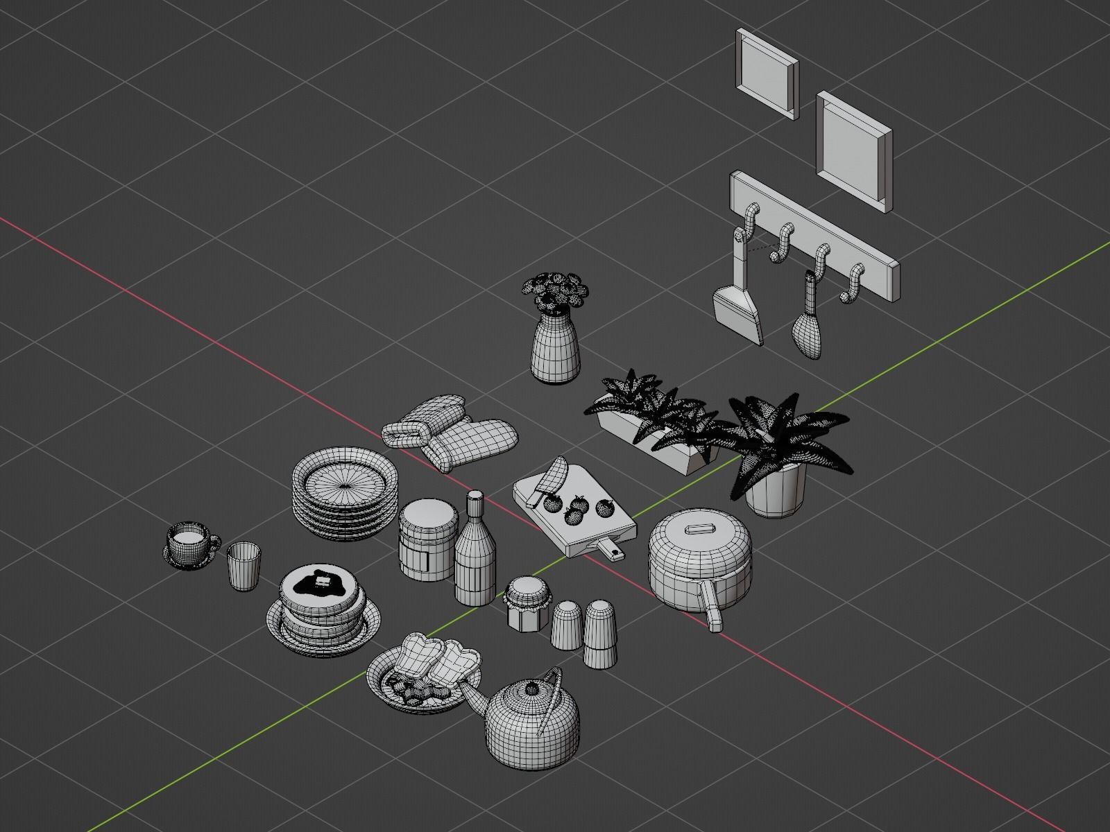 Interior Kitchen Room with Furniture and Kitchen Item Pack Low-poly 3D model_13