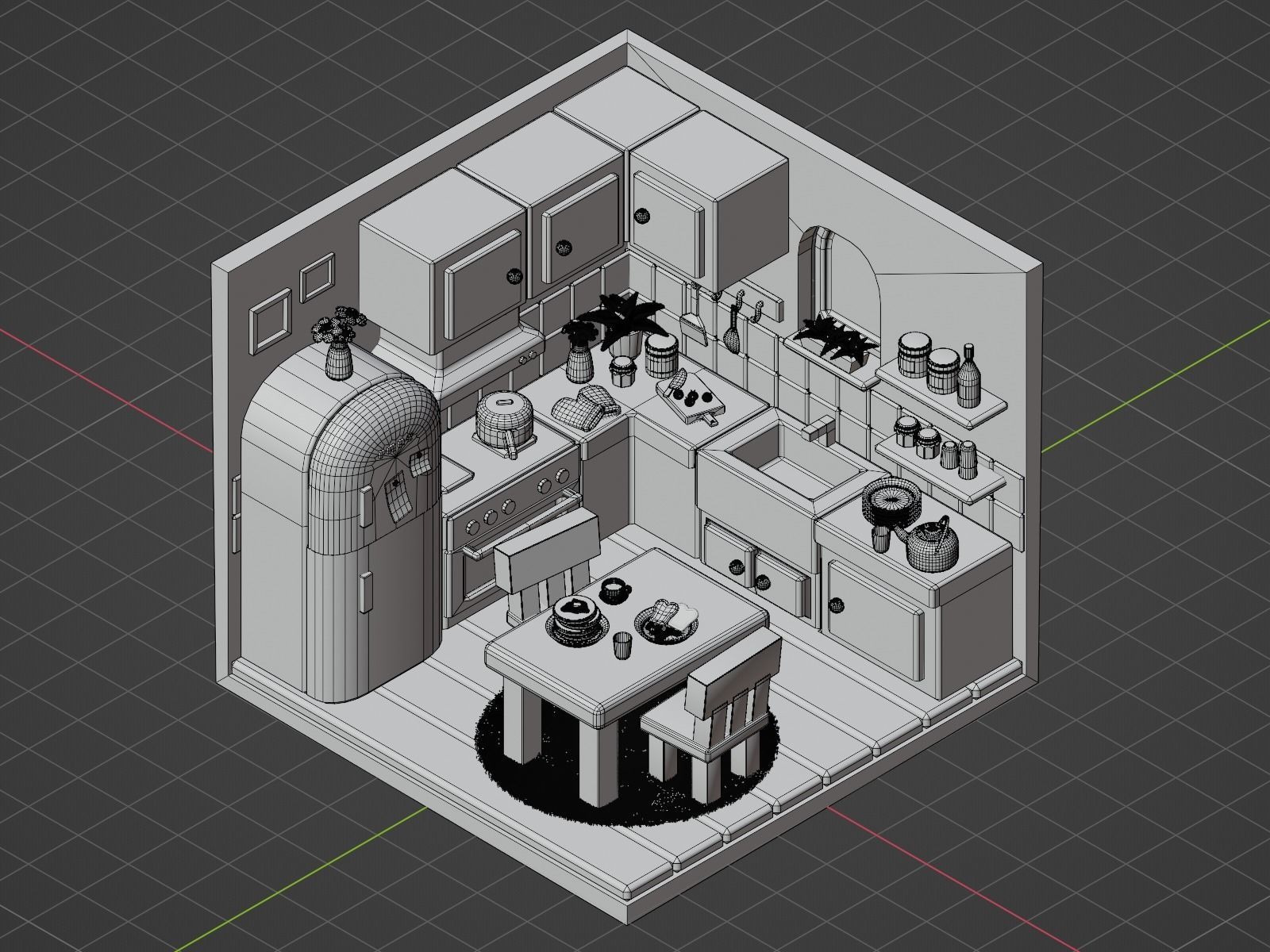 Interior Kitchen Room with Furniture and Kitchen Item Pack Low-poly 3D model_16