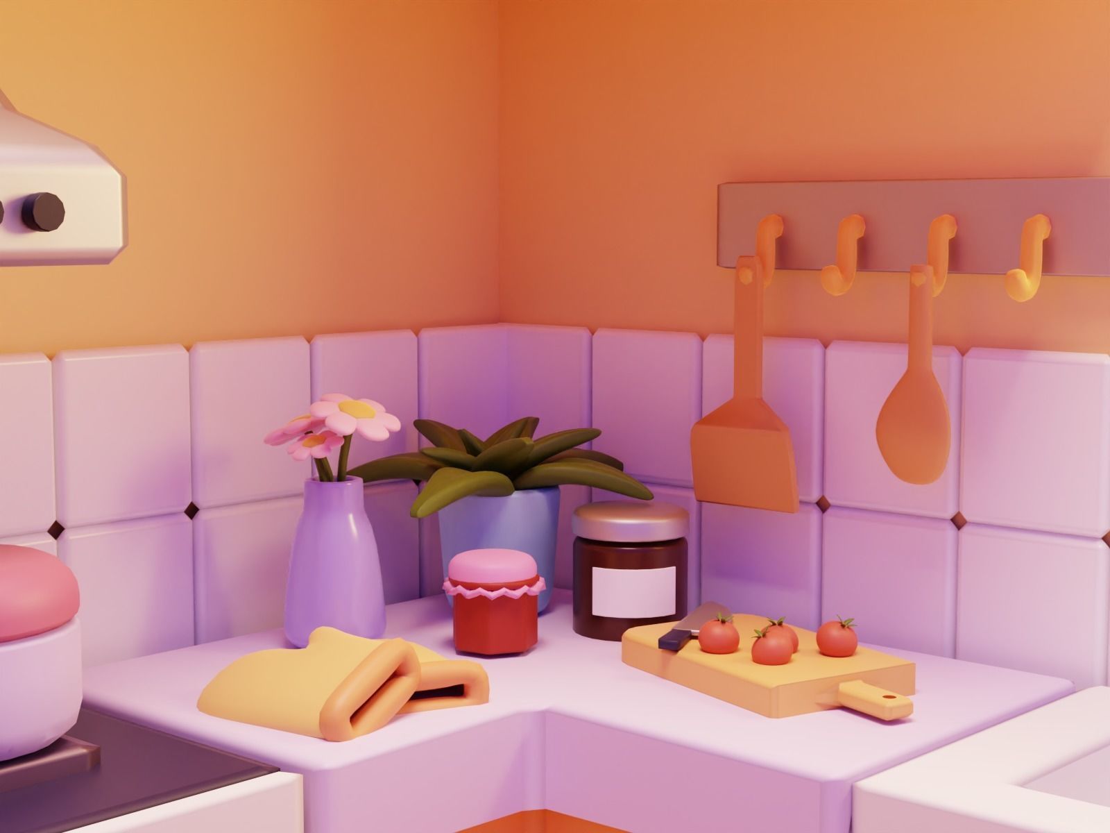 Interior Kitchen Room with Furniture and Kitchen Item Pack Low-poly 3D model_4