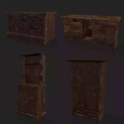 Rustic Medieval Wood Furniture Mix One  3D Model Collection