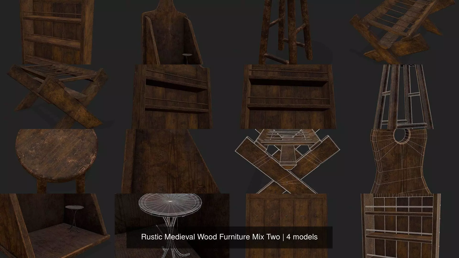 Rustic Medieval Wood Furniture Mix Two 3D Model Collection_1