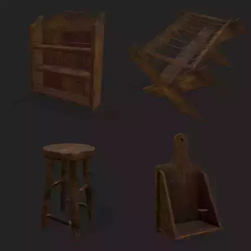Rustic Medieval Wood Furniture Mix Two 3D Model Collection