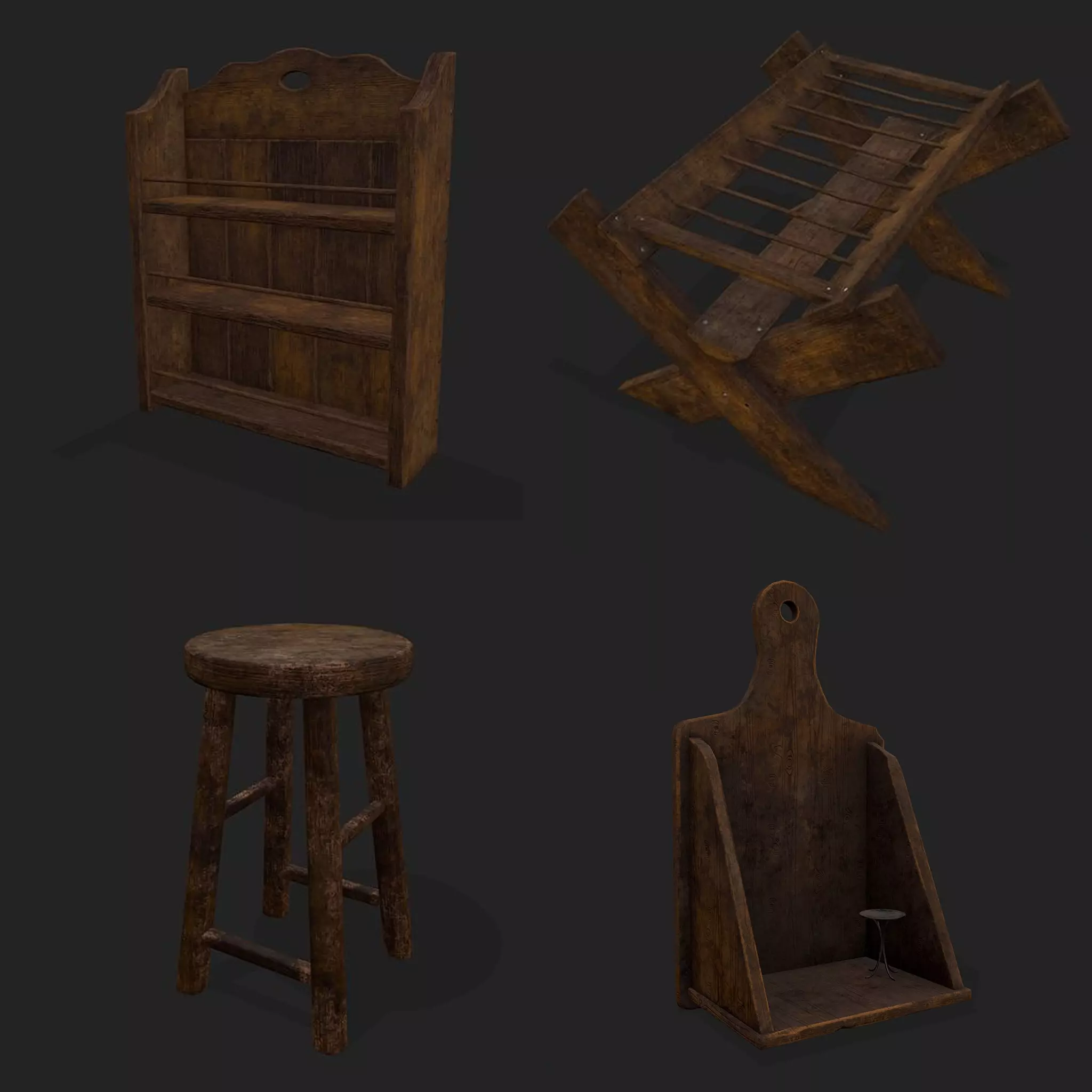 Rustic Medieval Wood Furniture Mix Two 3D Model Collection_0