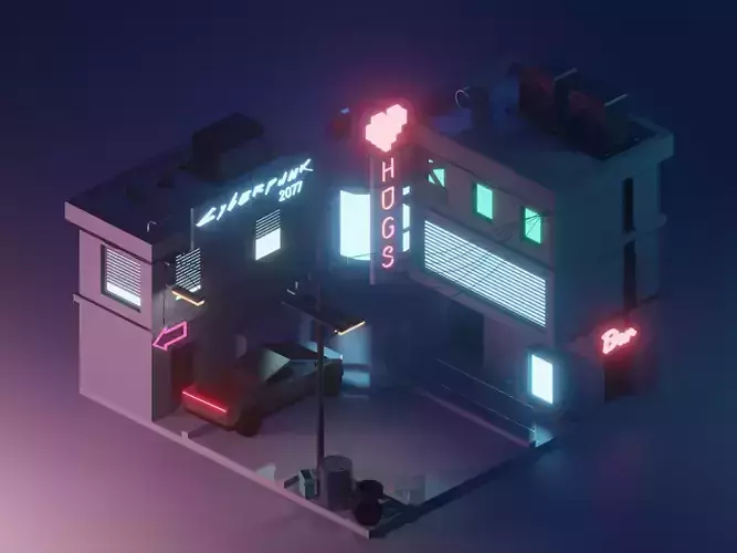 Street scene with a steampunk motif  Low-poly