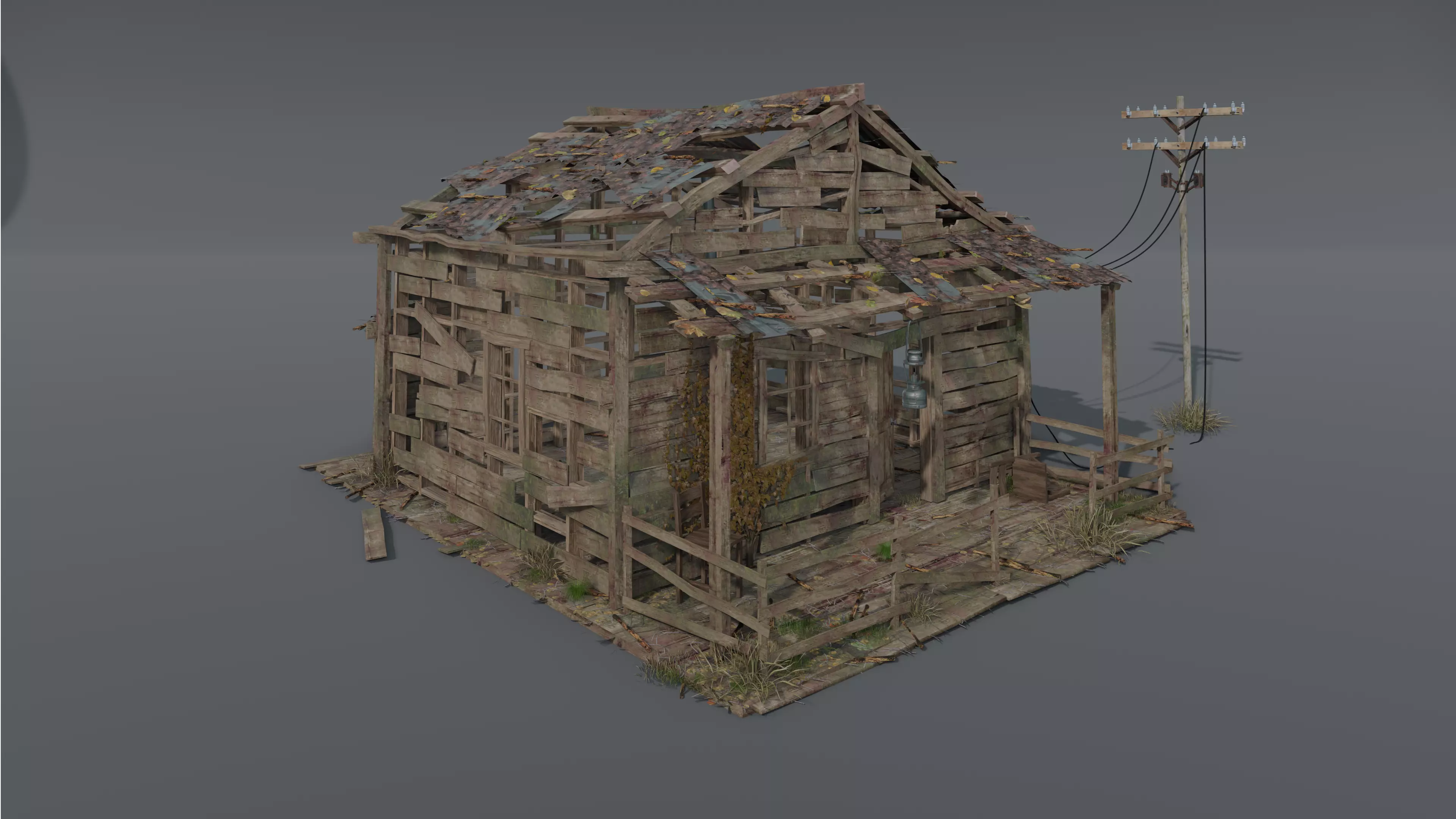 Old demage cabin  Low-poly 3D model_0