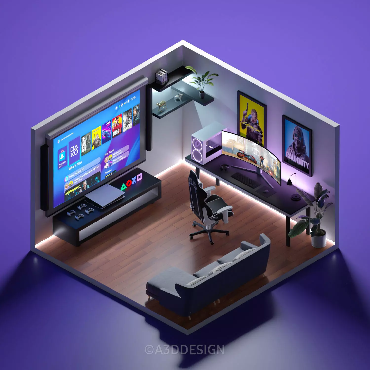 Low poly game room  Low-poly 3D model_0