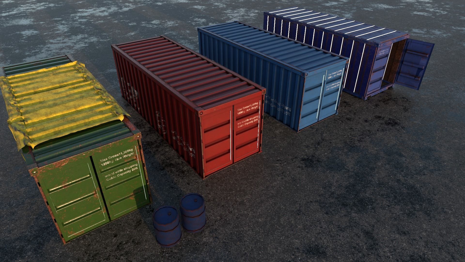 ship container with barrells and floor  Low-poly 3D model_1