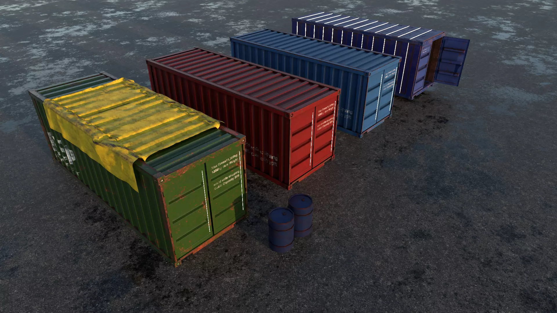 ship container with barrells and floor  Low-poly 3D model_0