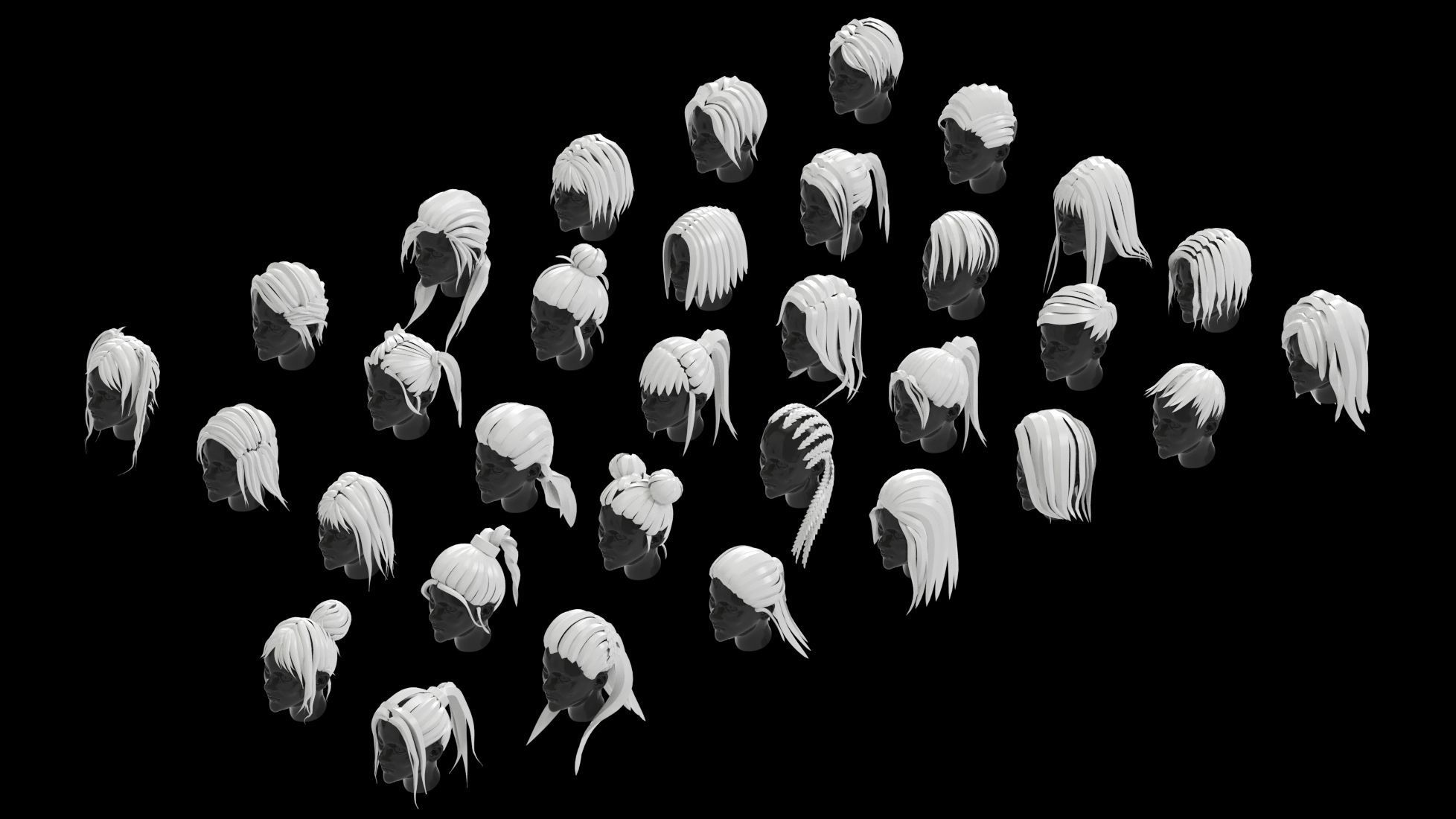 low poly stylized female hair bundle Low-poly 3D model_4