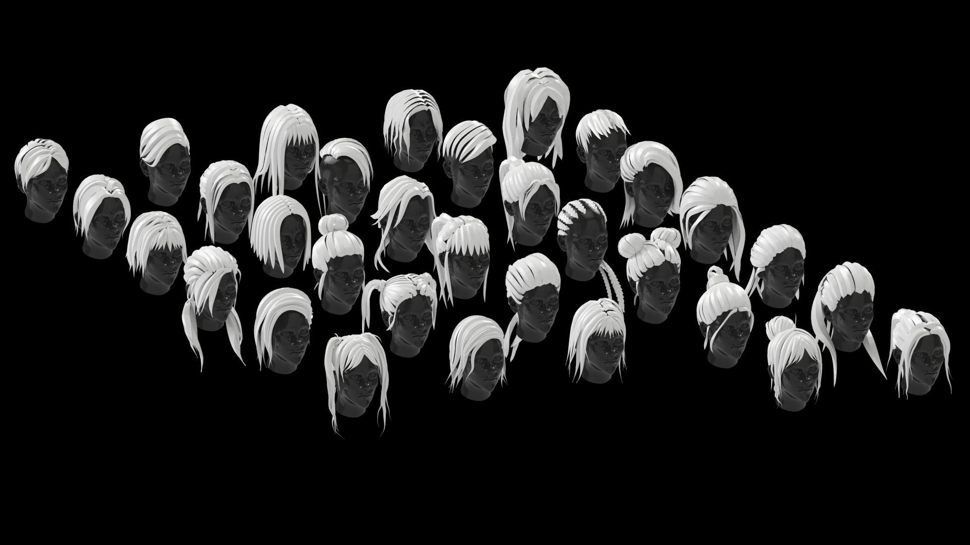 low poly stylized female hair bundle Low-poly 3D model_7