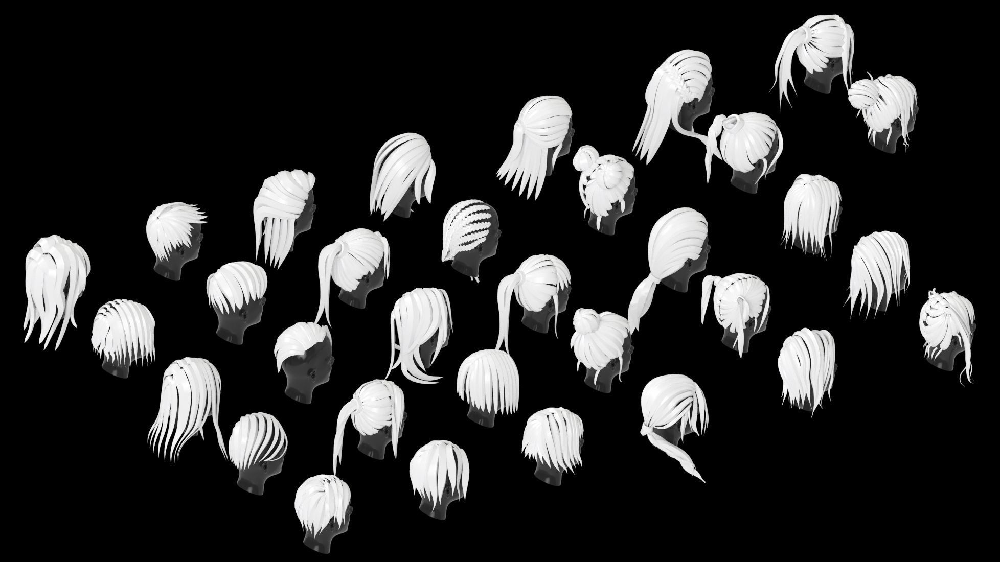 low poly stylized female hair bundle Low-poly 3D model_6