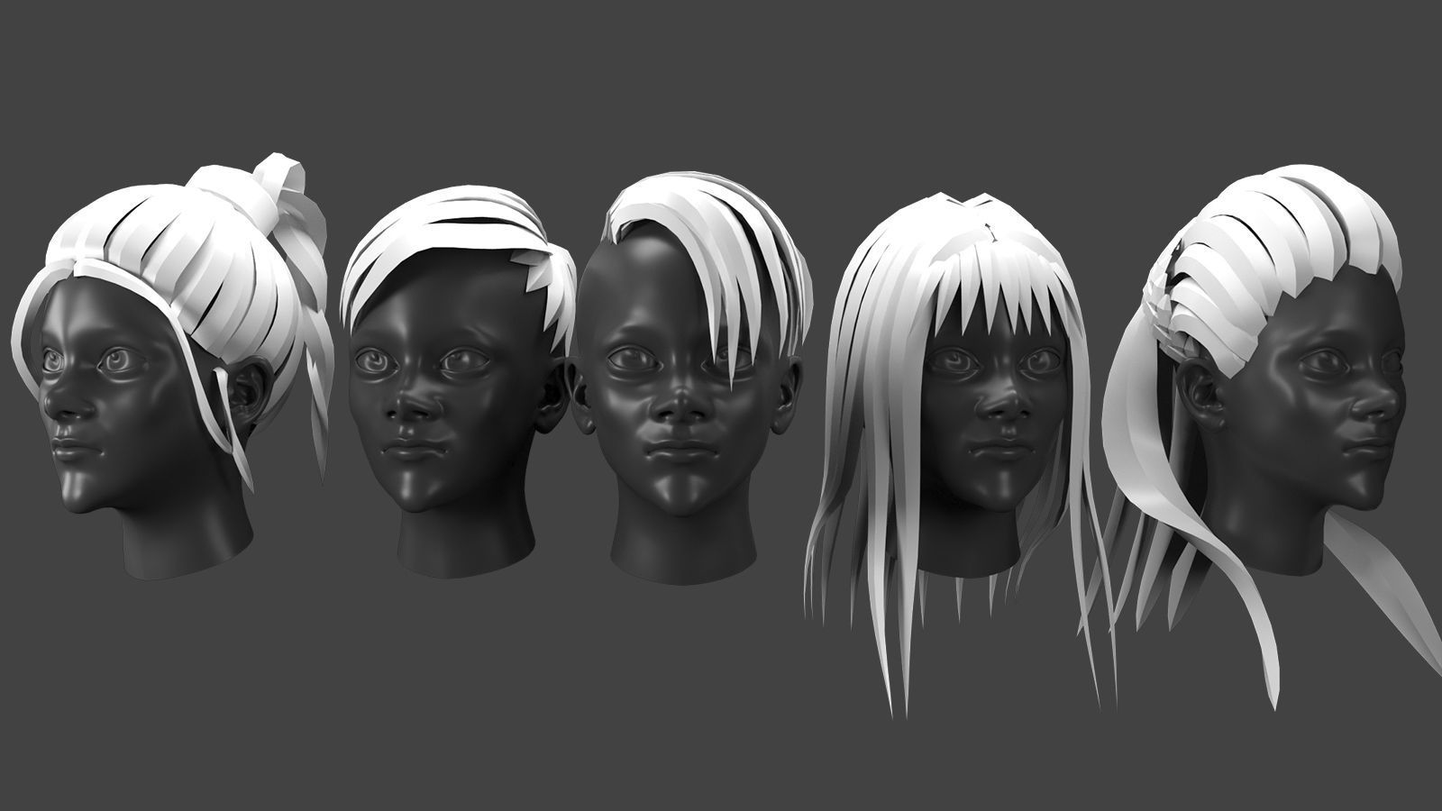 low poly stylized female hair bundle Low-poly 3D model_2
