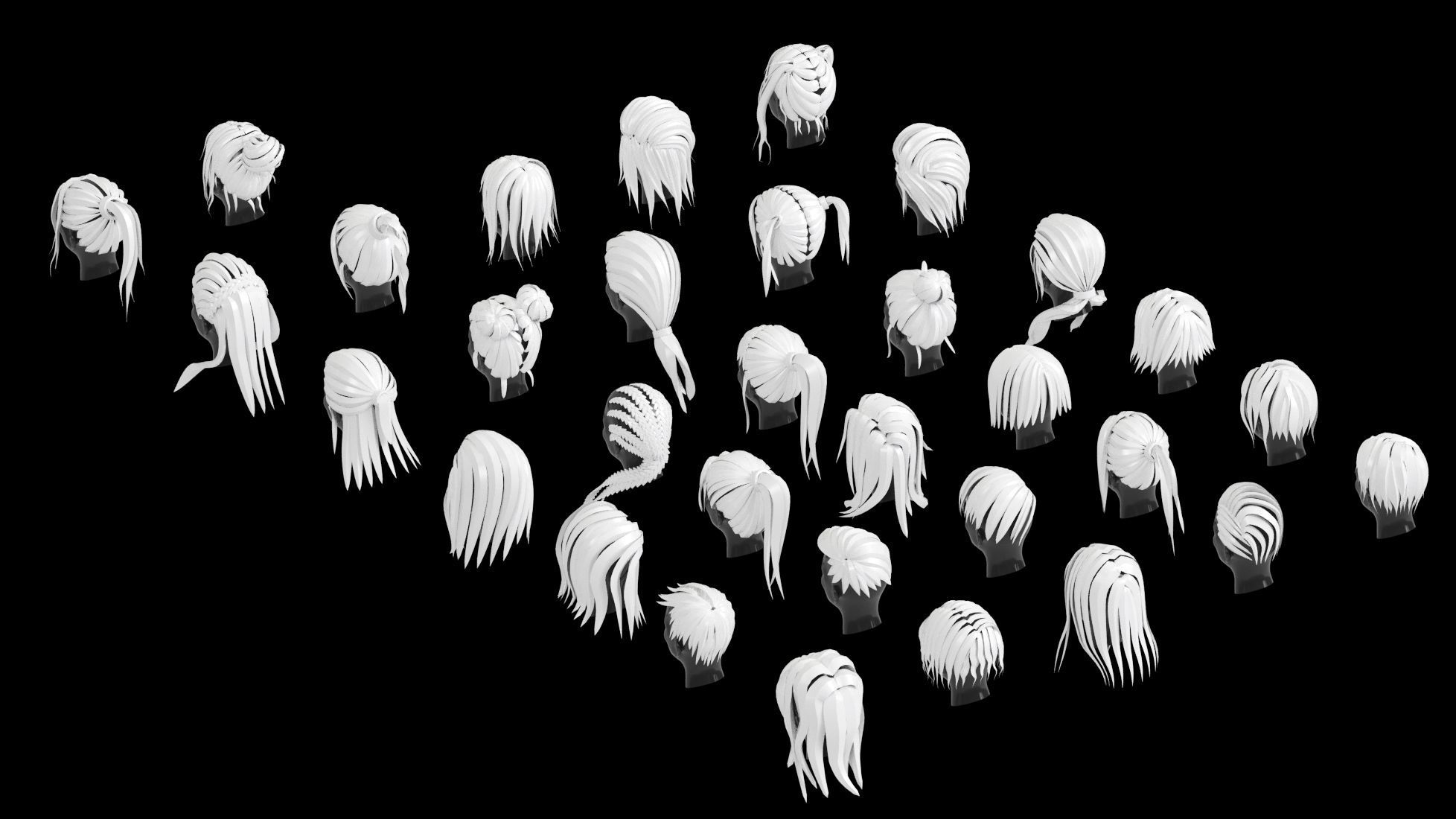 low poly stylized female hair bundle Low-poly 3D model_5