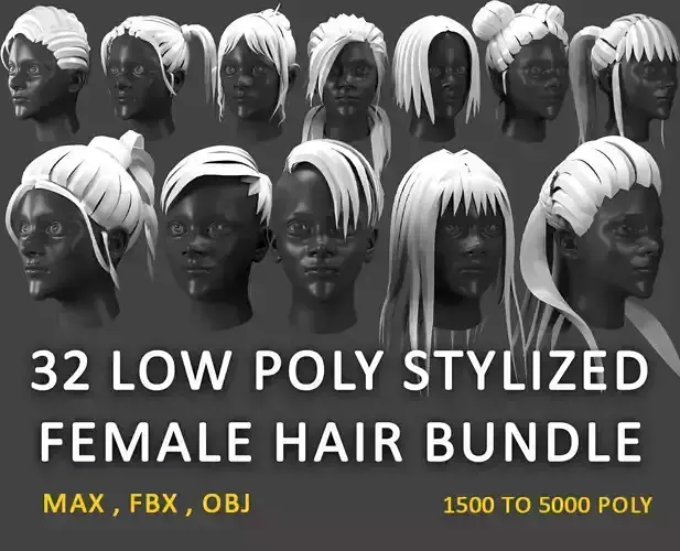 low poly stylized female hair bundle Low-poly 3D model low poly stylized female hair bundle Low-poly 3D model